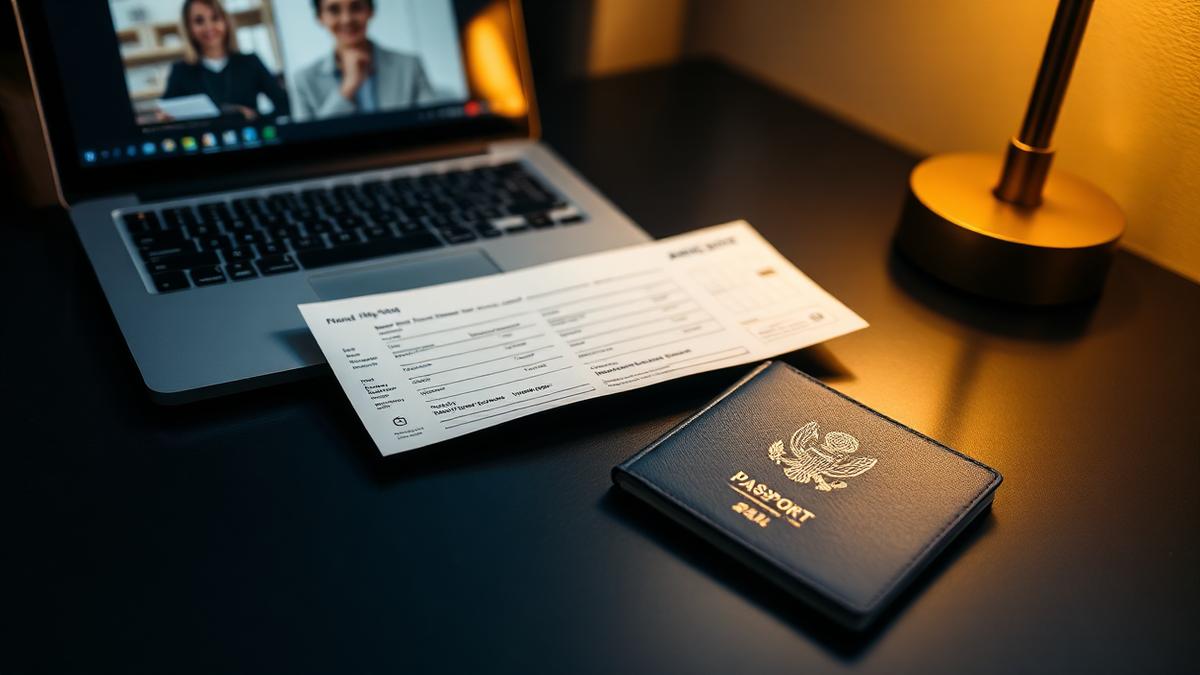 Passport and boarding pass beside a laptop video call — NRI divorce in India from abroad