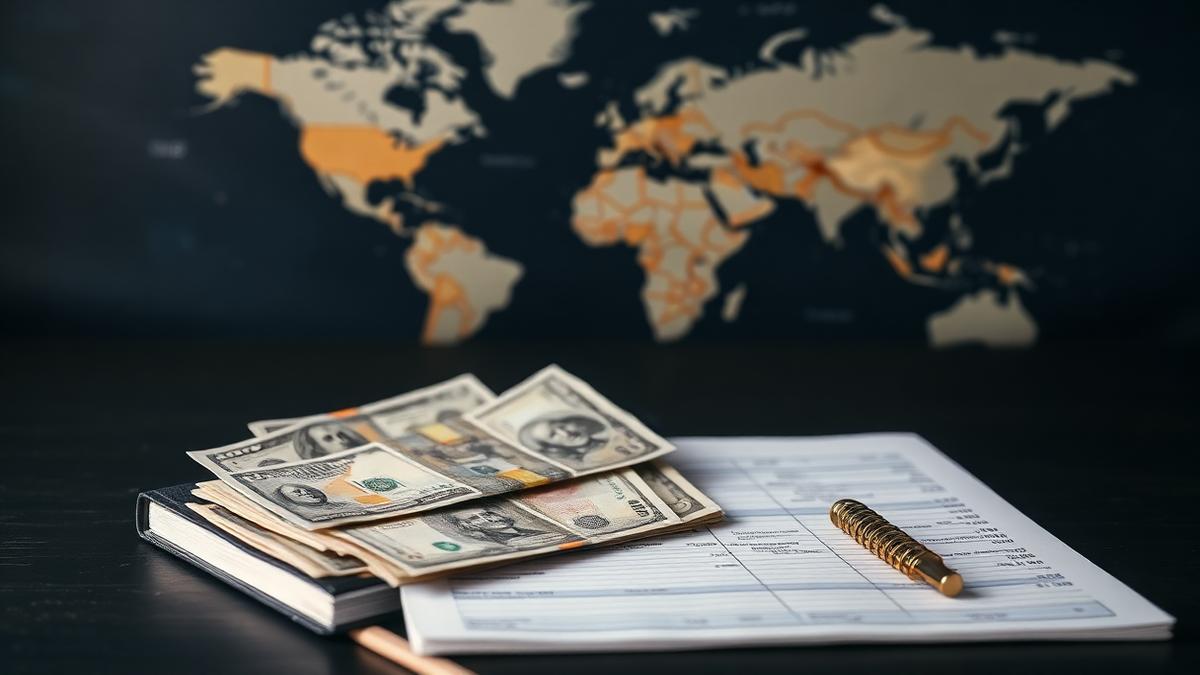 Currency, passbook and compliance ledger before a world map — NRI investment and FEMA in India