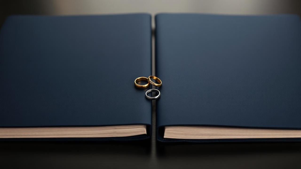 Two navy document folders side by side with wedding rings between them — NRI divorce in India