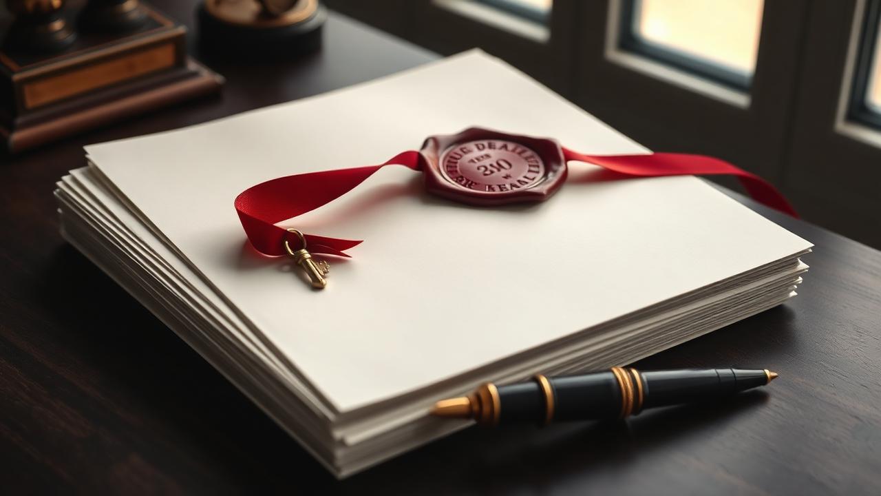 Sealed legal papers, a brass key and a pen on a desk — NRI property sale in India