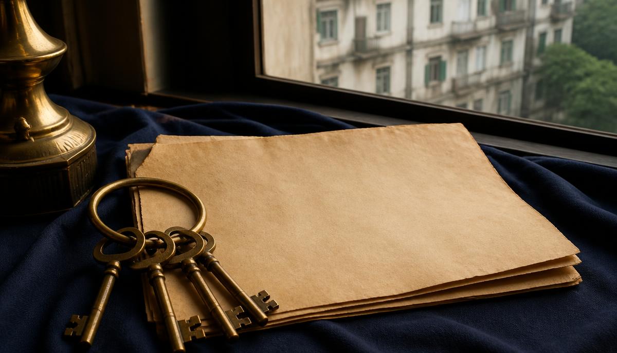 Old keys on a blank parchment beside a Kolkata window — NRI inherited property in India