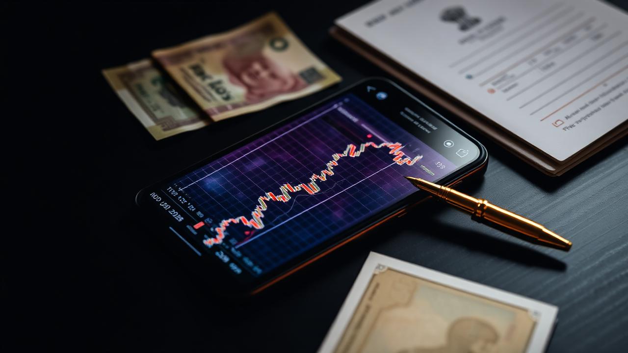 Smartphone showing a stock chart beside Indian currency notes and a bank passbook — NRI investing under FEMA