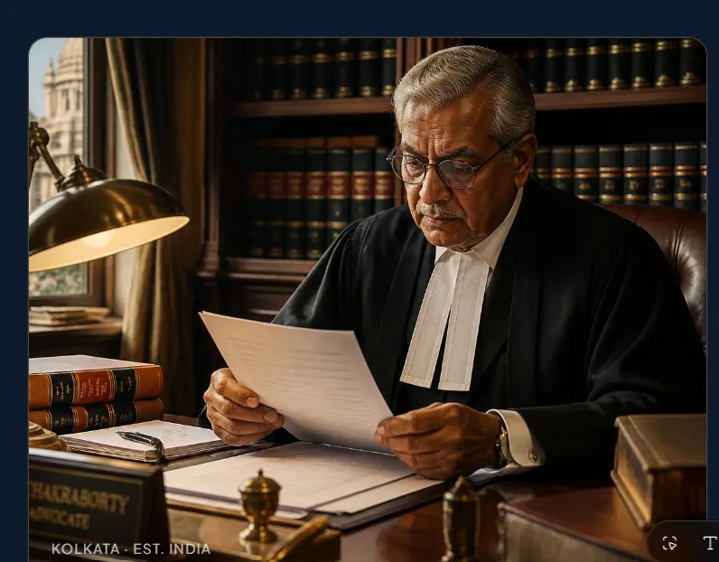 Senior Indian advocate reviewing client documents in a Kolkata chamber