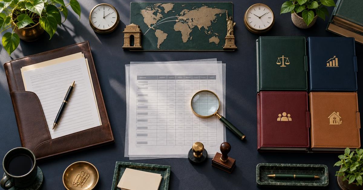 A lawyer's file beside four coordinated professional folders, a fee worksheet, document stamps, and India-US time-zone clocks.