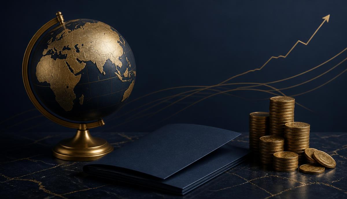 Brass compass, share certificate and remittance papers on a navy desk — FDI in India by a non-resident investor