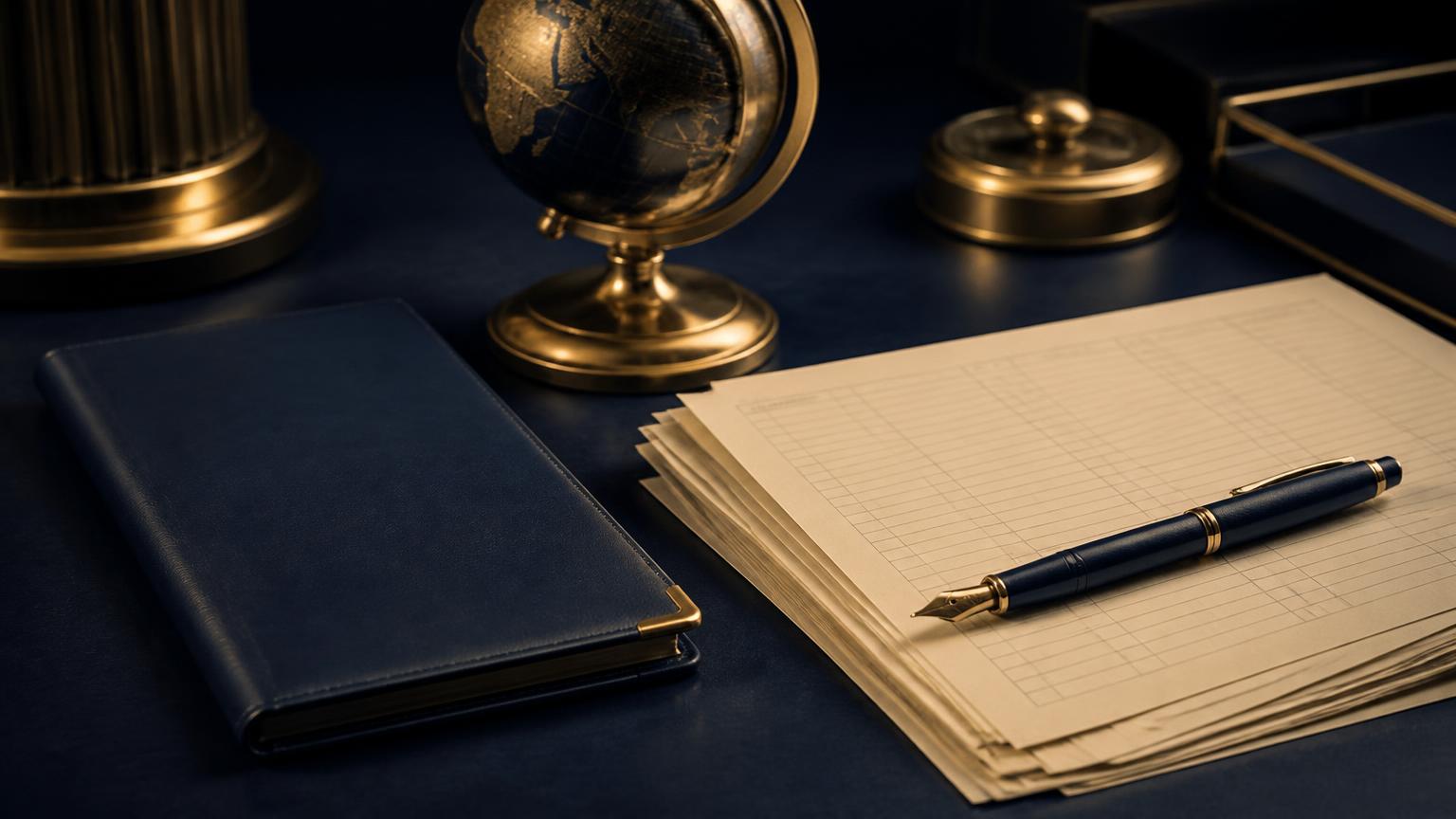 A navy passbook, brass globe, blank ledger sheets and a fountain pen on a navy desk, representing FEMA compliance for NRIs in India