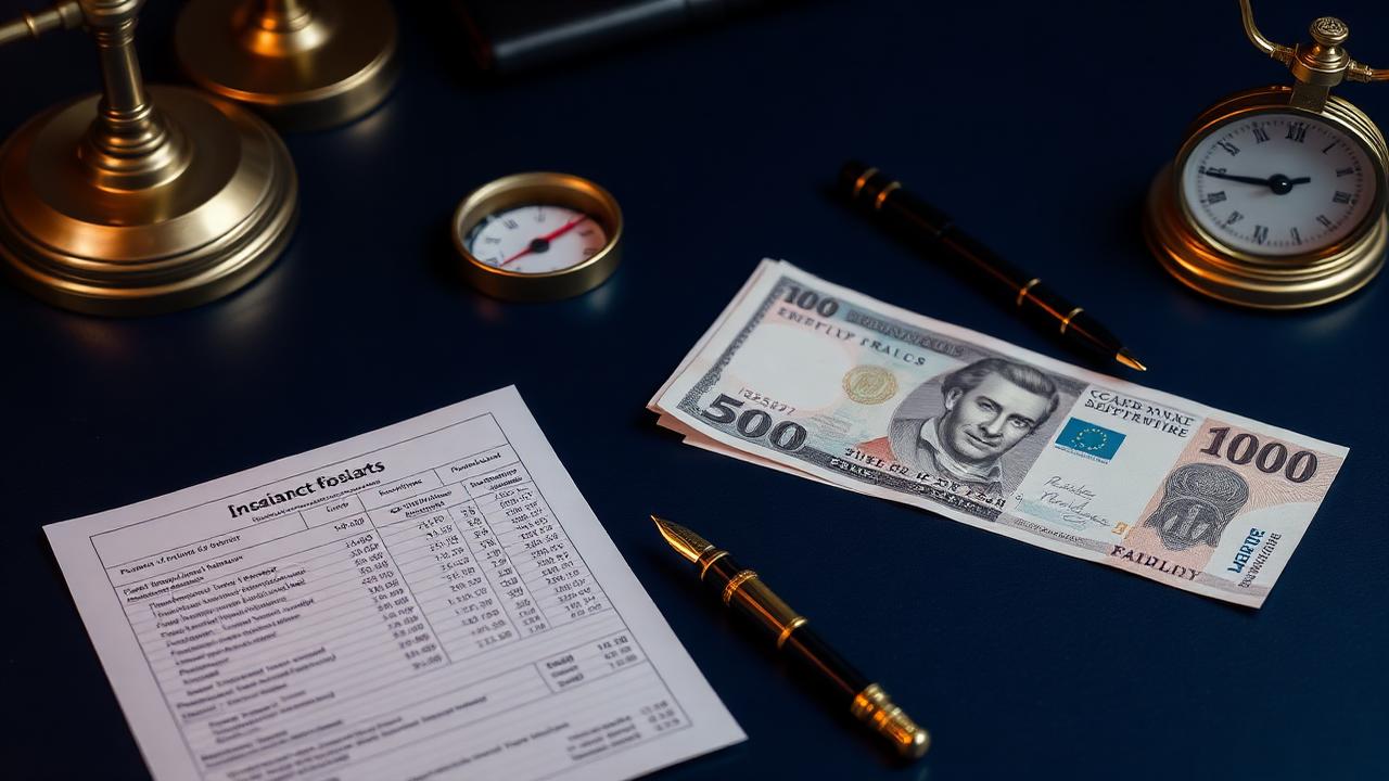 Financial statements, foreign currency notes, a brass compass and a fountain pen on a navy desk, representing NRI investment in India under exchange control rules