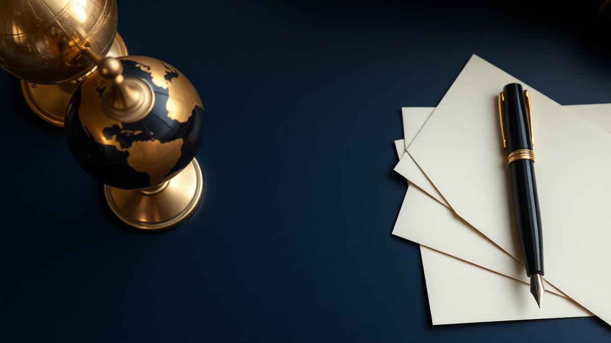 A brass globe, fountain pen and blank envelopes on a navy desk — FEMA rules for NRIs and cross-border remittance