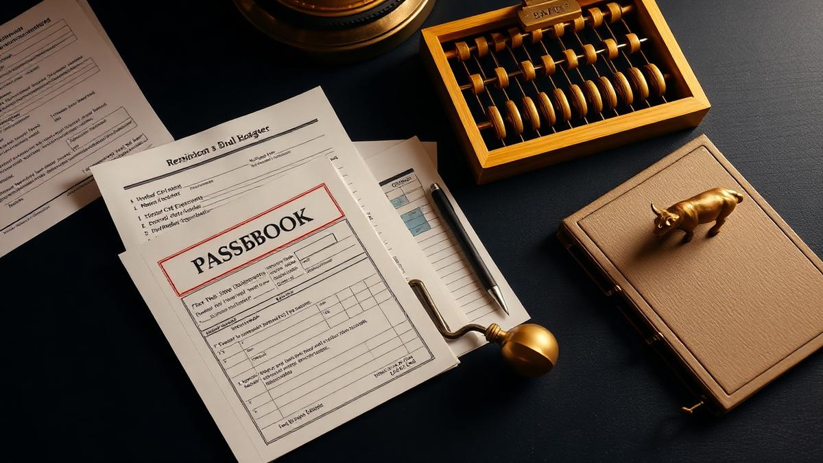 Bank passbook, remittance forms, brass abacus and a small brass bull on a navy desk — FEMA rules for NRIs