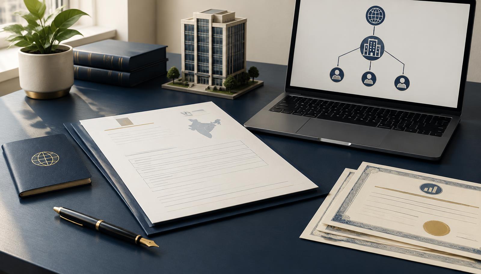 Indian company incorporation papers, an office model, a passport and a corporate ownership chart arranged on a navy desk.