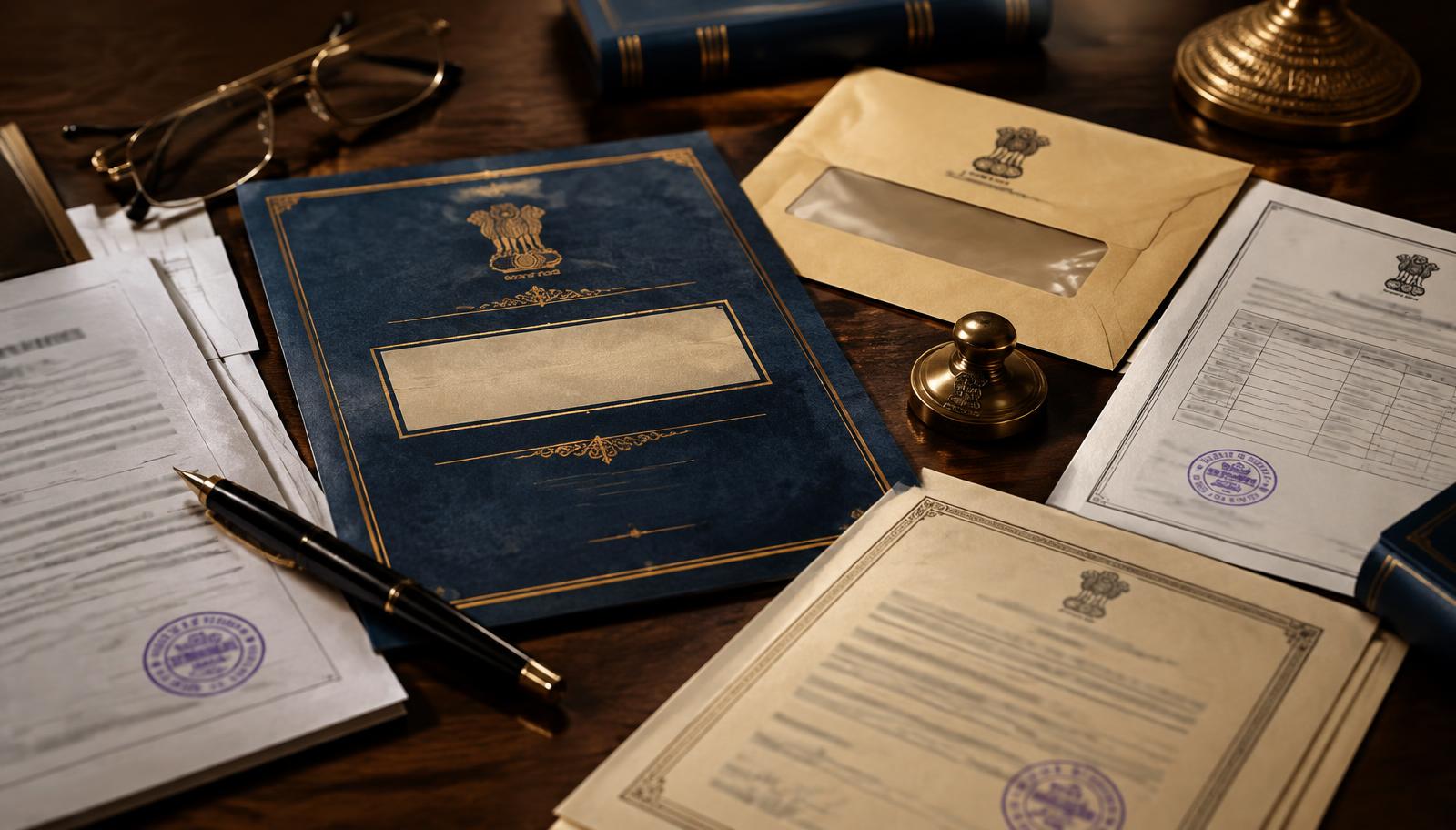 Legal heir certificate and estate paperwork on a desk, with a stamped affidavit, family register extract, brass seal and fountain pen.