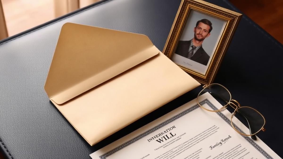 Sealed will envelope, certificate papers and reading glasses on a navy desk — legal heir certificate India