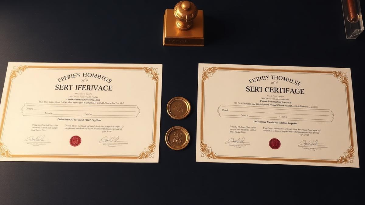 Two official certificates side by side with a brass seal and wax stamp on a navy desk — legal heir certificate and succession certificate in India