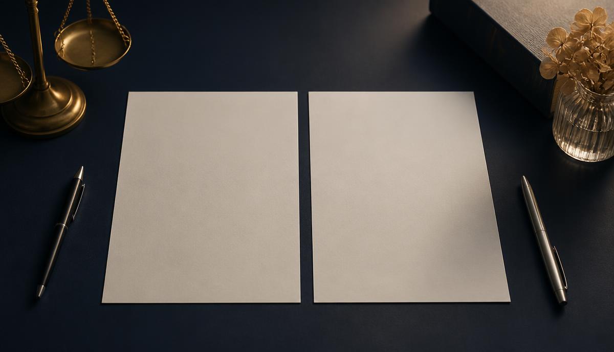Two fountain pens and a folded settlement folio on a navy desk — mutual consent divorce in India for NRI couples