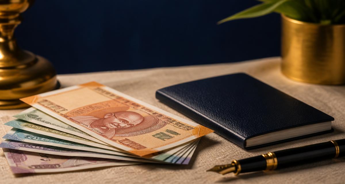 Indian rupee notes beside a passport and a fountain pen on a cream surface against a navy background