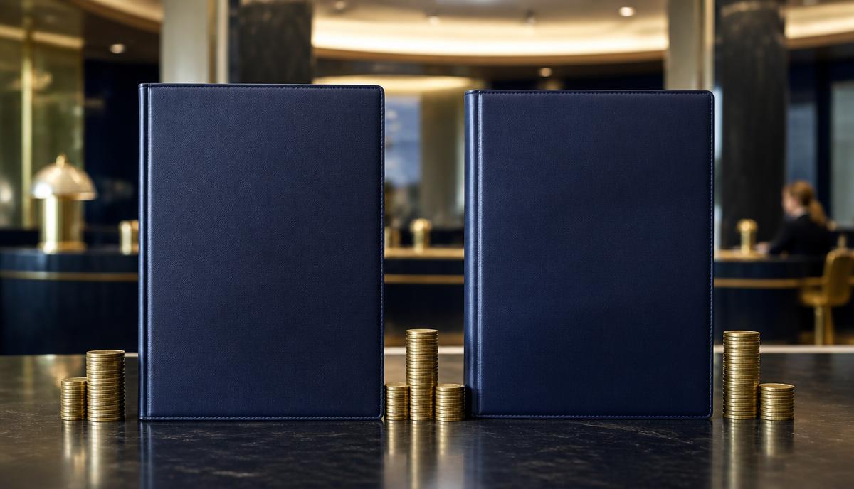 Two plain navy folders side by side with gold coins on a bank counter — NRE and NRO accounts compared