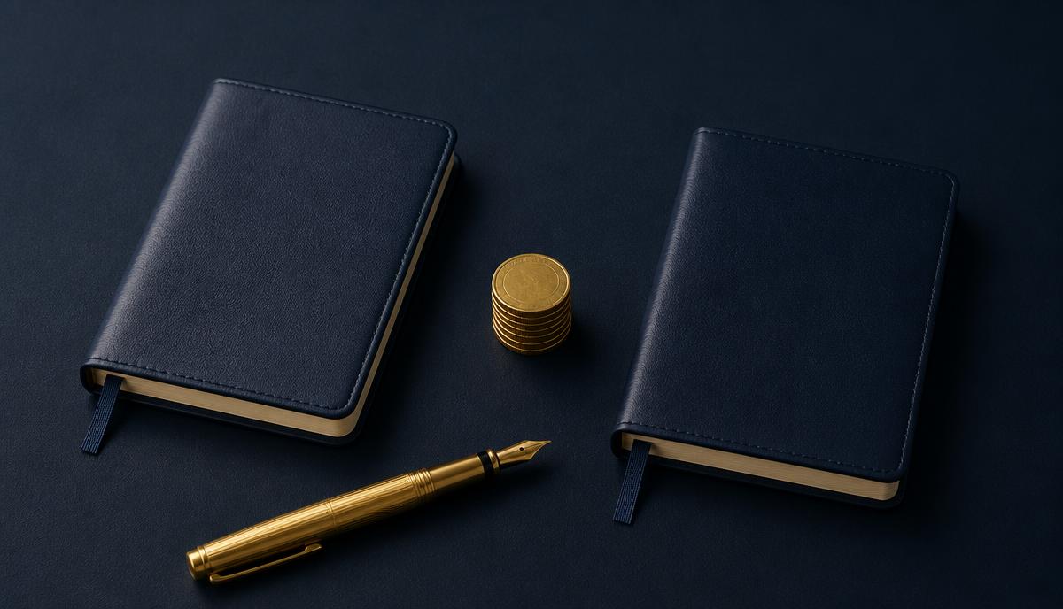 Two navy notebooks and gold coins on a dark desk — NRE and NRO routes for NRI investment in India