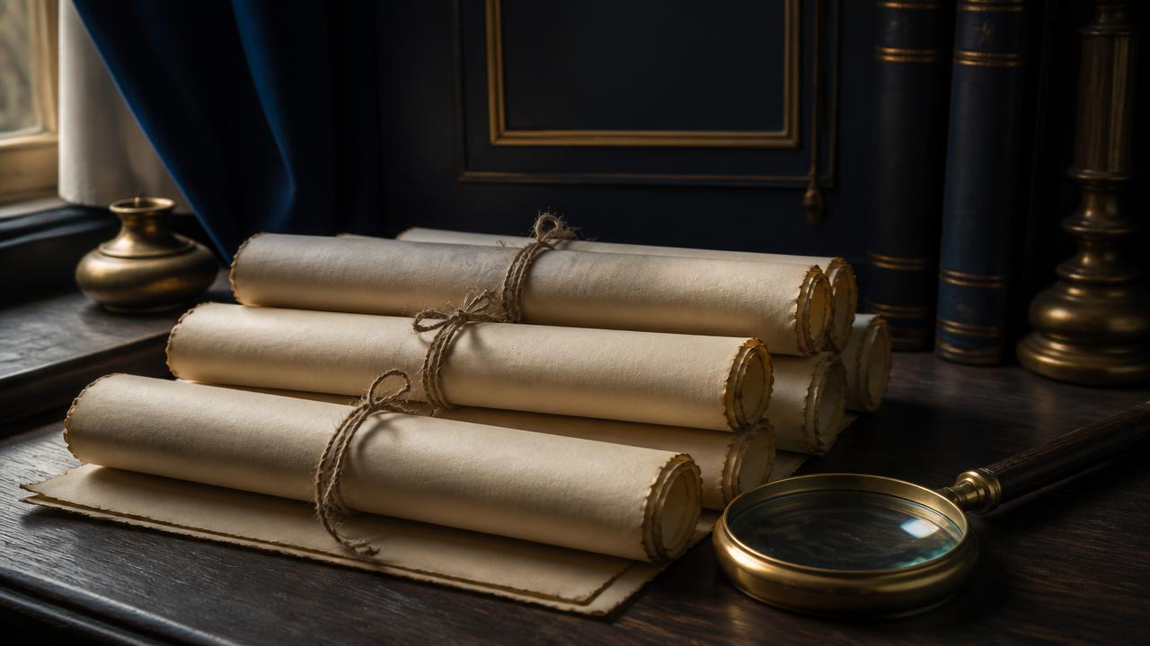 Rolled family property documents tied with string beside a brass magnifier — NRI ancestral property in India