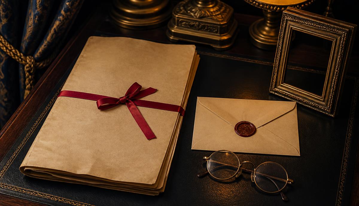 Ribbon-tied legal folio, sealed envelope and spectacles on a dark desk — NRI succession in India