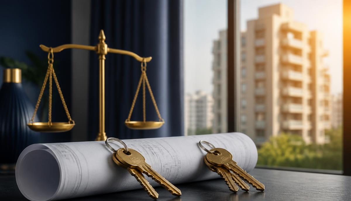 Two sets of keys on architectural plans with brass scales — NRI buying and selling property in India