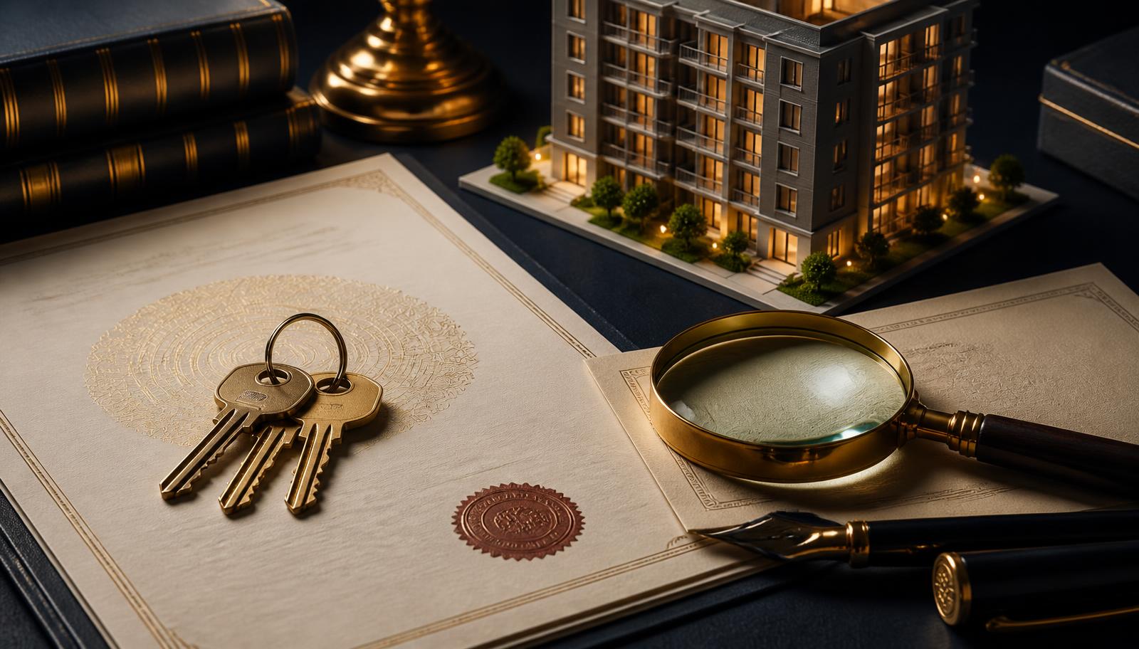 Brass apartment keys on a stamped Indian property agreement beside an apartment model and a magnifying glass over a title document