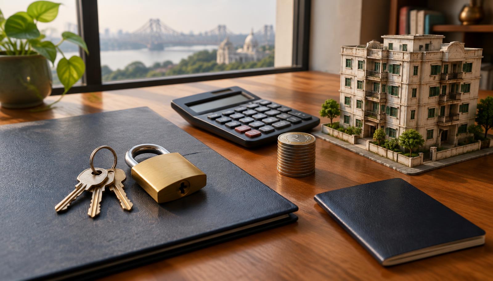 House keys, a brass padlock, a property agreement folder, a calculator, a stack of rupee coins, a passport and a model apartment building on a desk overlooking Kolkata.