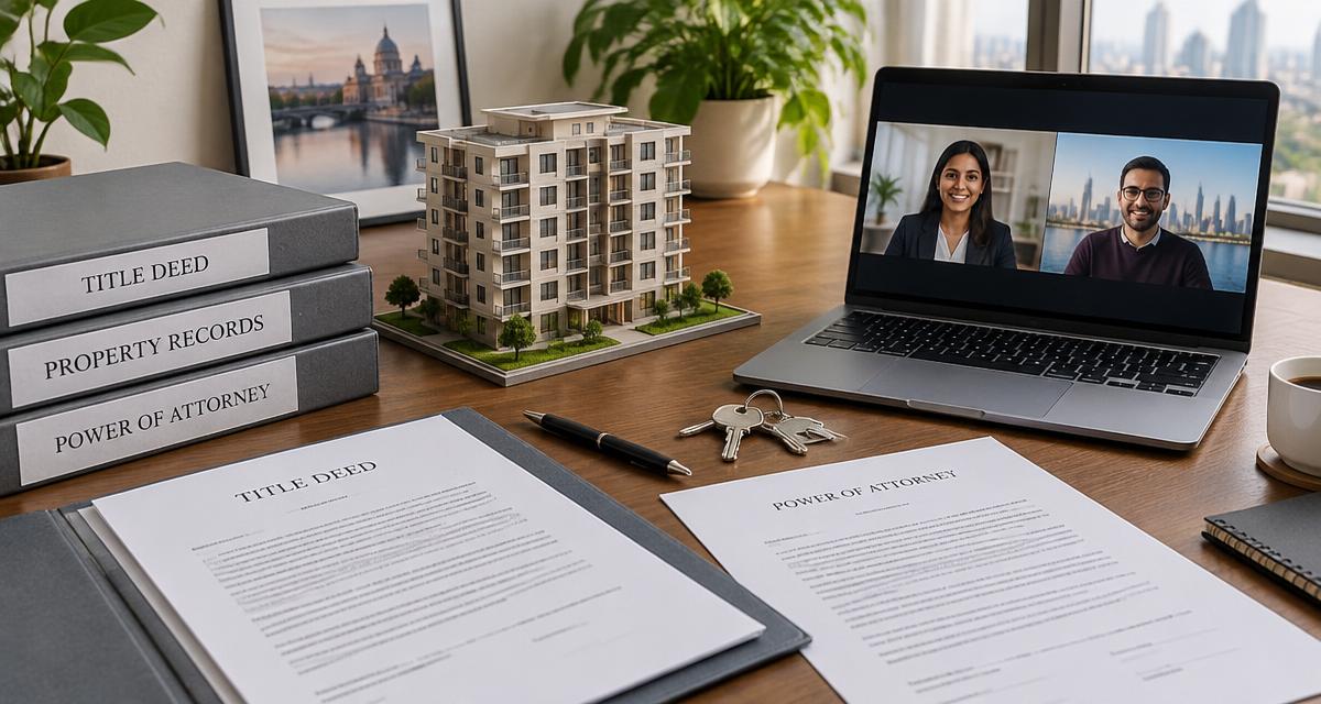 An apartment model, title documents, Power of Attorney and keys beside a video call connecting two people coordinating an Indian property purchase from different countries.