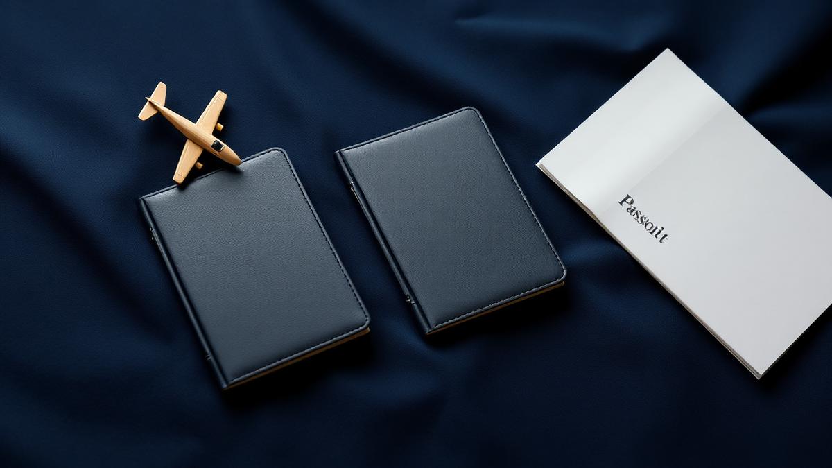 Two plain passport booklets, a wooden toy plane and a folded document on navy fabric — hypothetical NRI contested divorce with a custody question