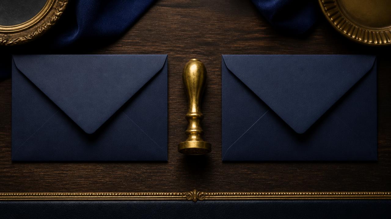 Two navy envelopes with a brass seal stamp between them — cross-border recognition of a divorce decree