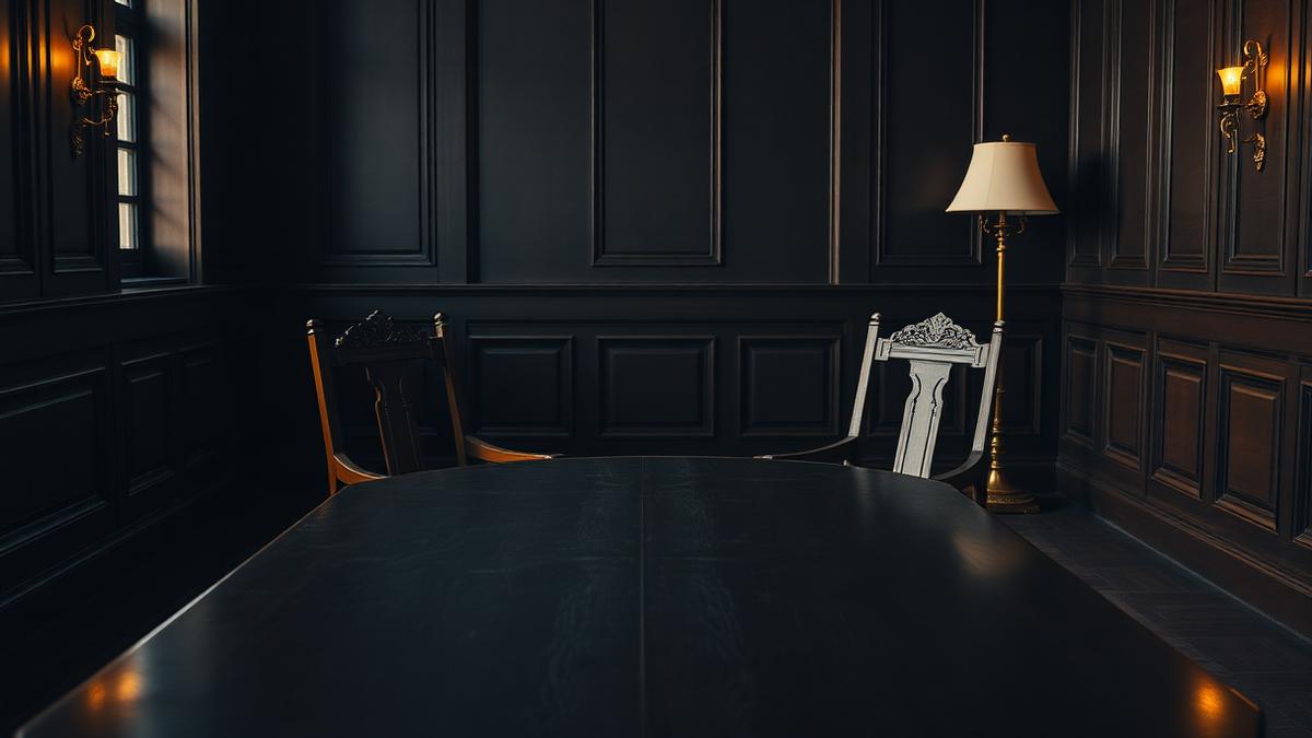Two empty chairs at a polished dark table in a quiet chamber — NRI divorce proceedings in India