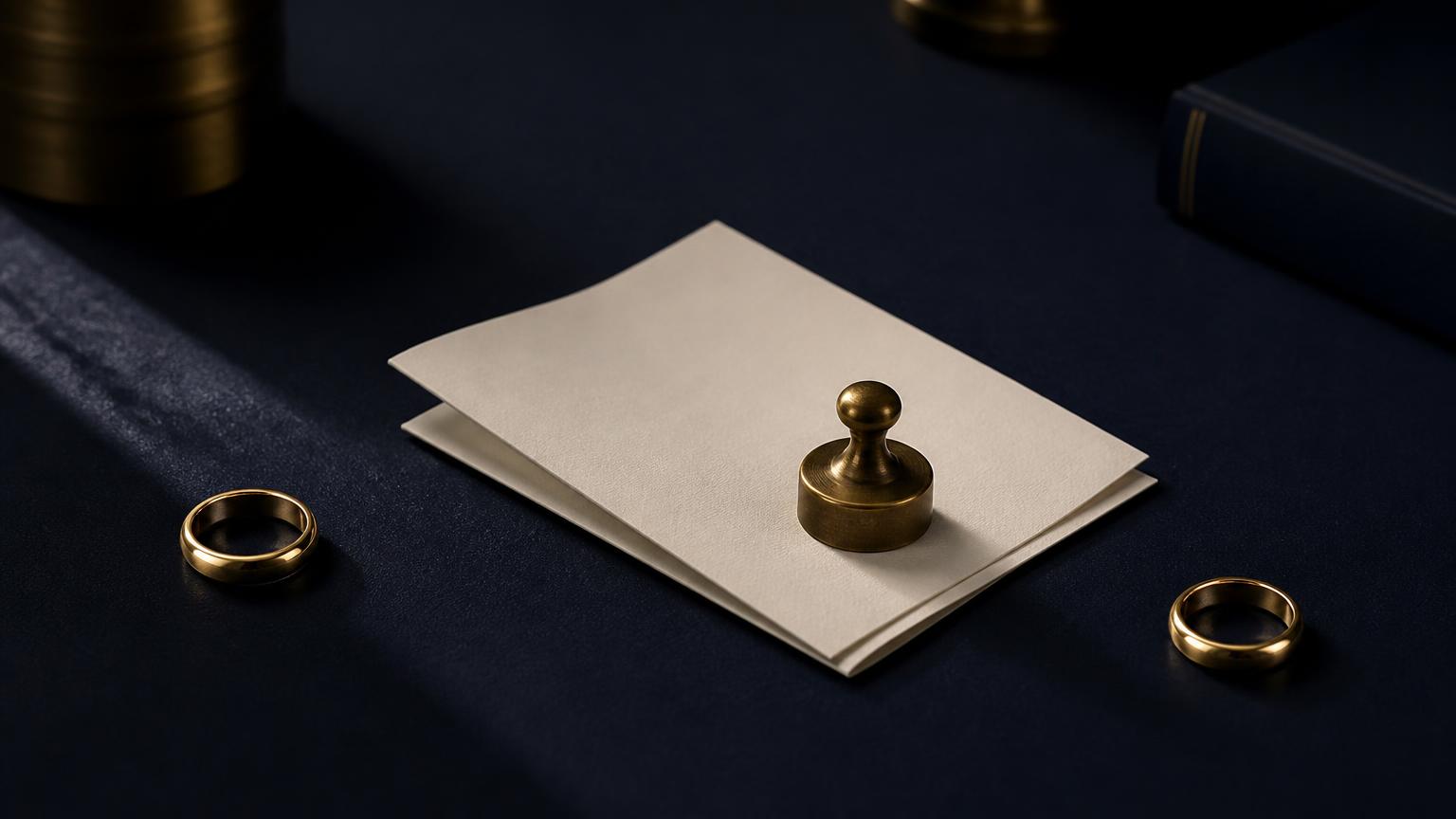 Two separated gold wedding bands beside a folded document and a brass paperweight on a navy desk, representing NRI divorce proceedings in India