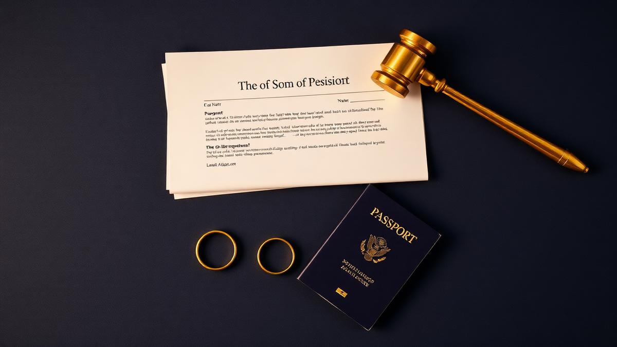 Separated wedding rings beside a legal petition, passport and brass gavel on a navy surface — NRI divorce in India