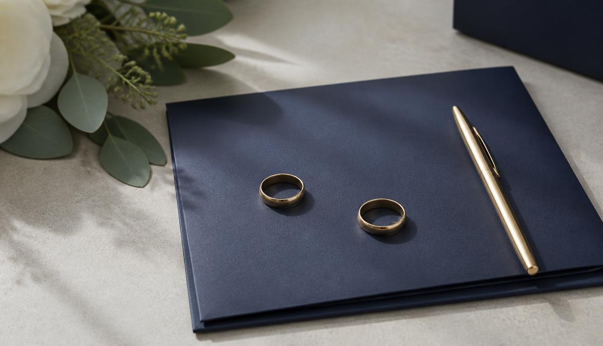 Two wedding bands resting apart on a navy document folder with a gold pen — NRI divorce in India