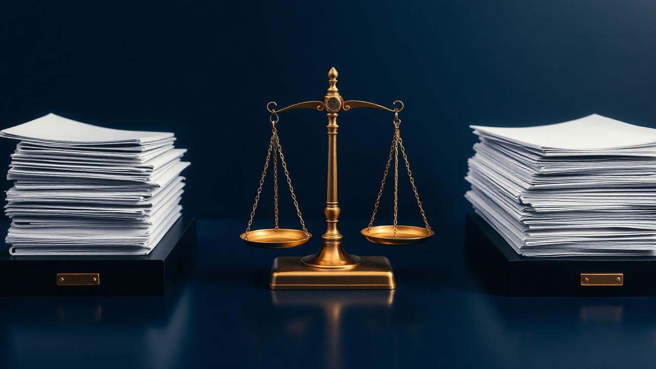 Brass balance scales between two separate document stacks on a navy desk, representing a comparison of divorce forums for NRIs