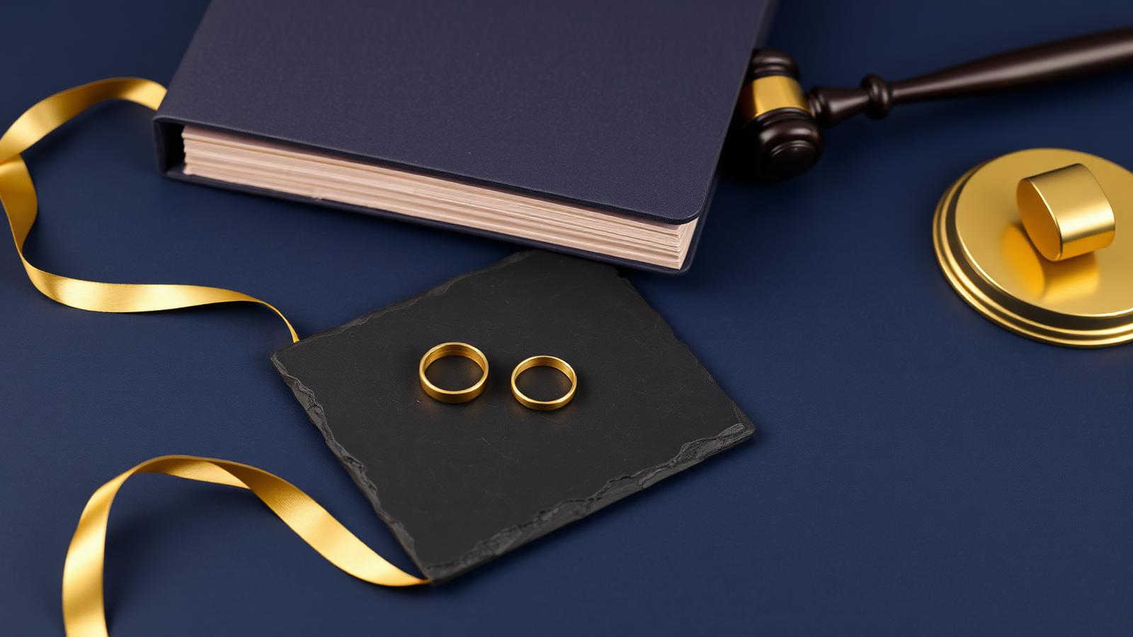 Two separated brass rings on slate beside a legal file and a small gavel on navy — NRI divorce lawyer in India