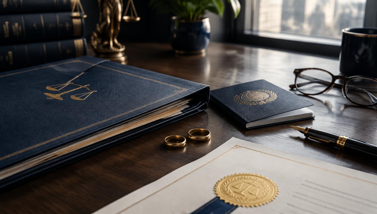 A family law case file, two separated wedding rings, a passport and a sealed court document on a law office desk.