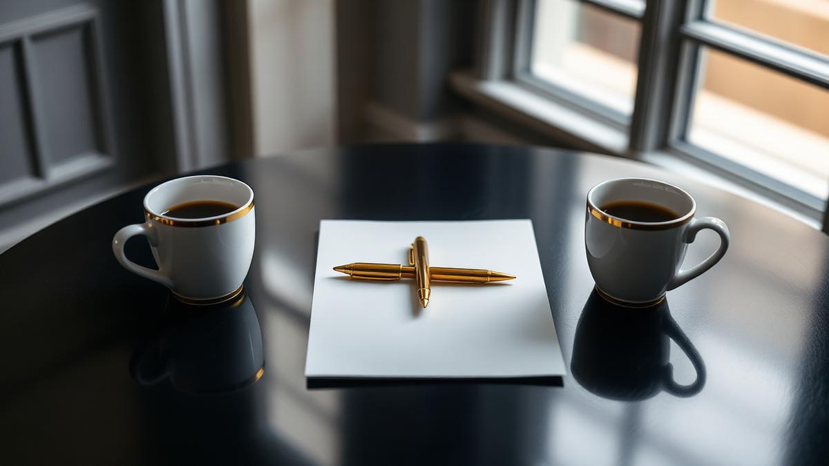 Two coffee cups at opposite ends of a dark table with a plain folder between — NRI divorce in India