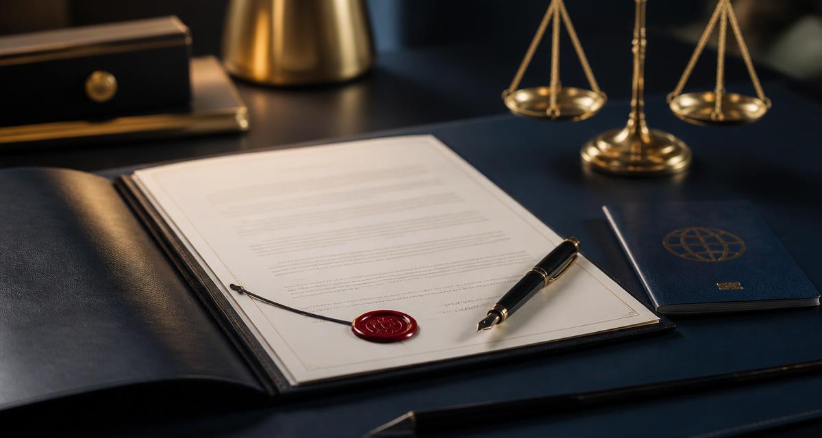 An open legal file with a notarised power of attorney, a passport and a fountain pen on a navy desk beside brass scales of justice