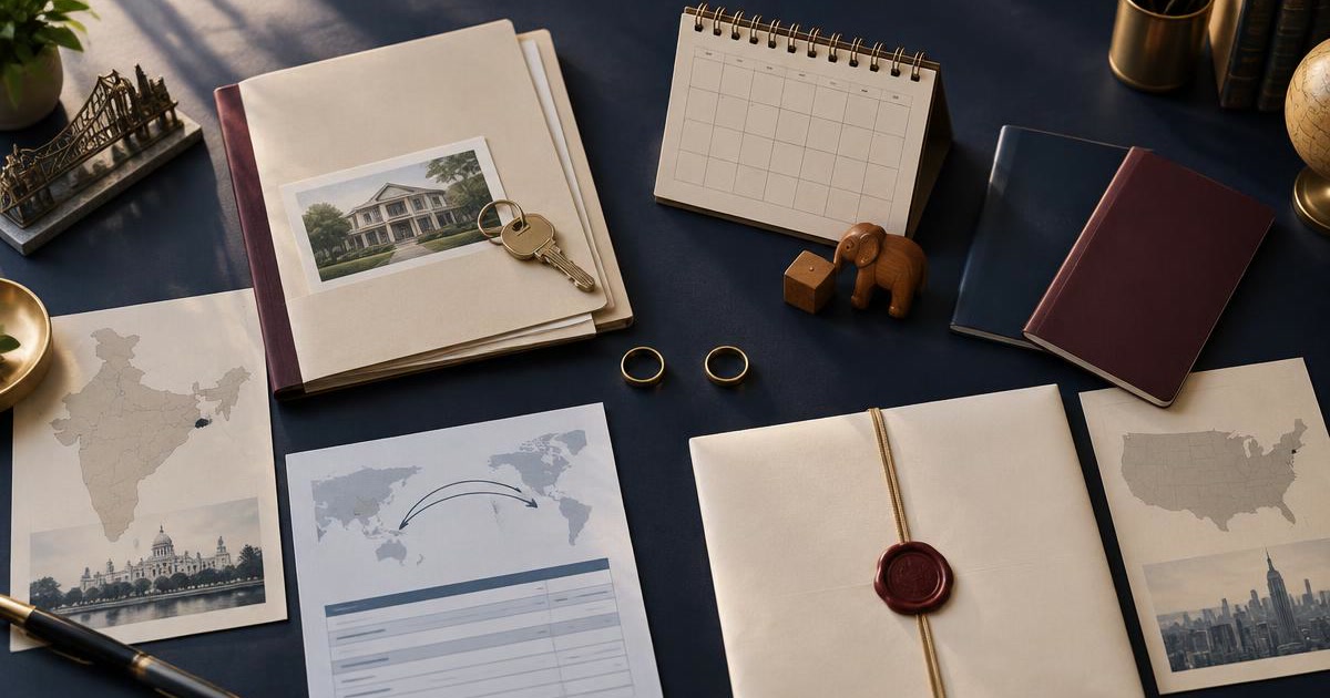 Separated wedding rings beside property, custody, banking and cross-border legal documents on a navy desk.