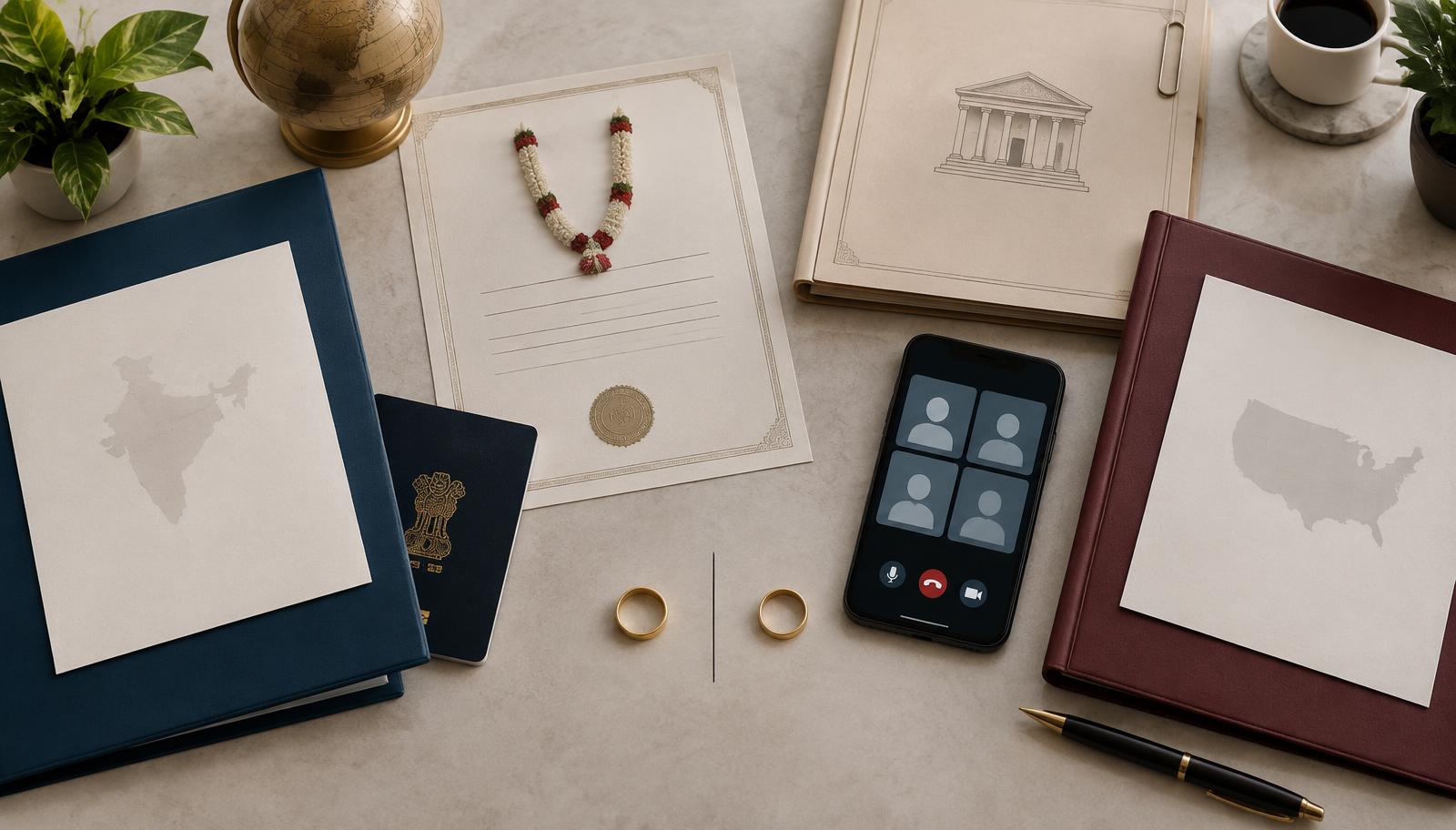 Separate India and United States family-law files, wedding rings, a passport and a video-call screen arranged on a legal office desk.