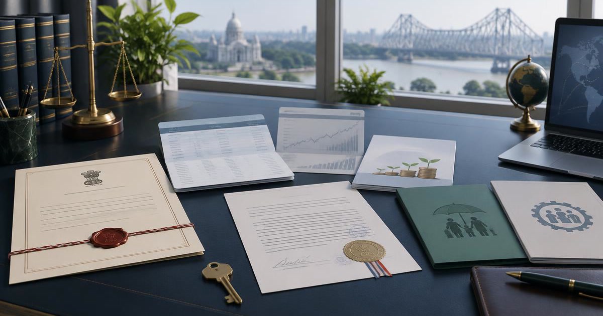 Succession papers beside bank, demat, mutual fund, insurance and provident fund records in a Kolkata office.