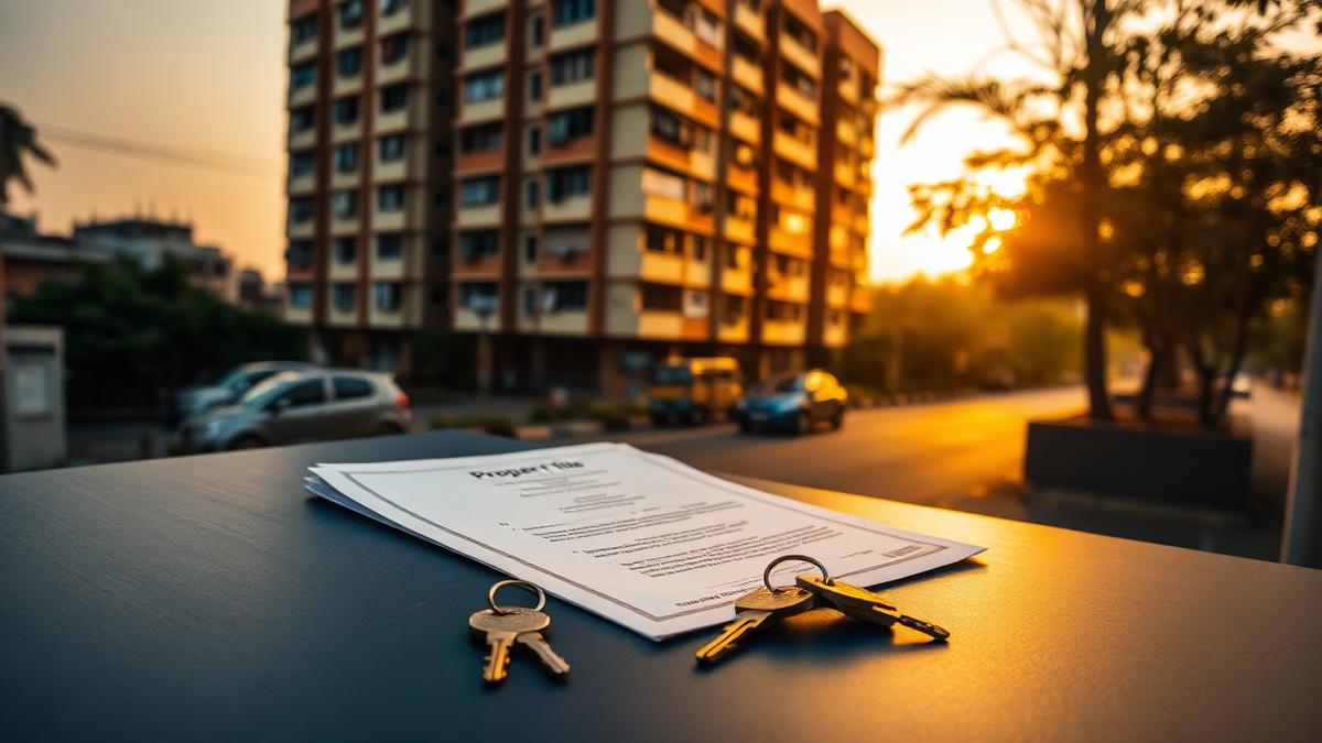 Property documents and keys on a desk with an apartment building at golden hour — NRI sell property in India