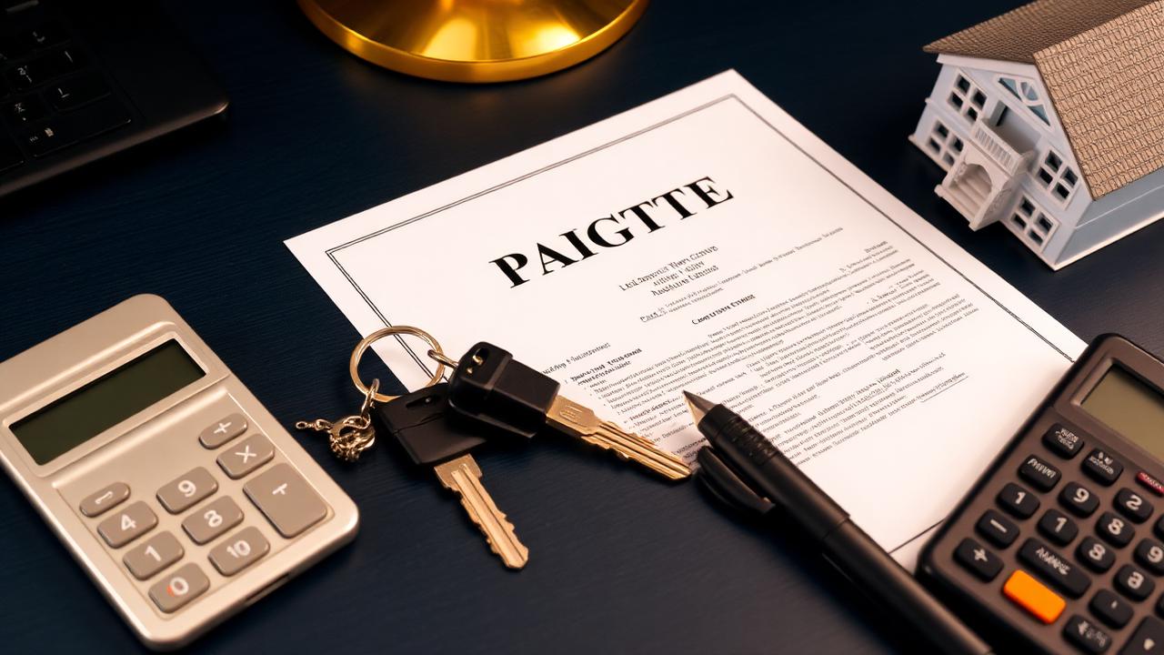 Property keys and a title document with a calculator and a small model house on a navy desk, illustrating an NRI property sale in India