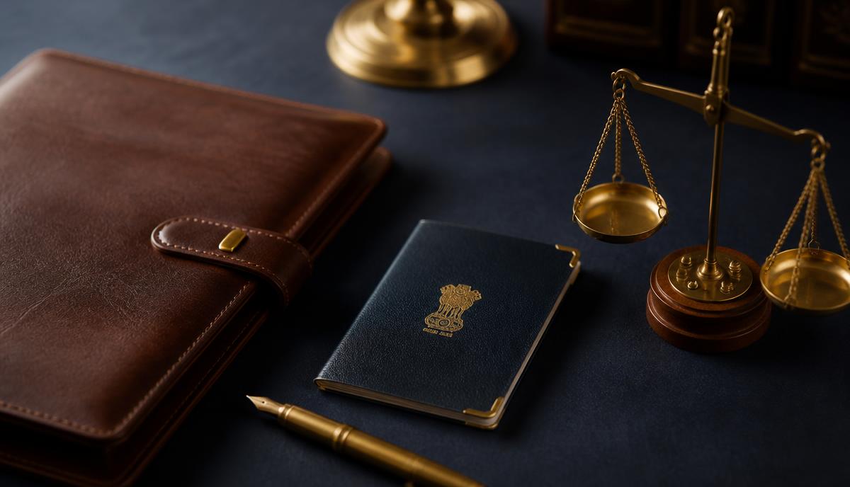 Leather folio, fountain pen, Indian passport and brass scales on a navy desk — NRI legal services in India
