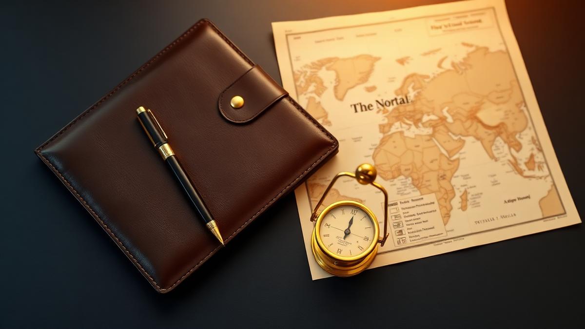 Leather document folio, brass pen and a world map on a navy surface — NRI legal services in India