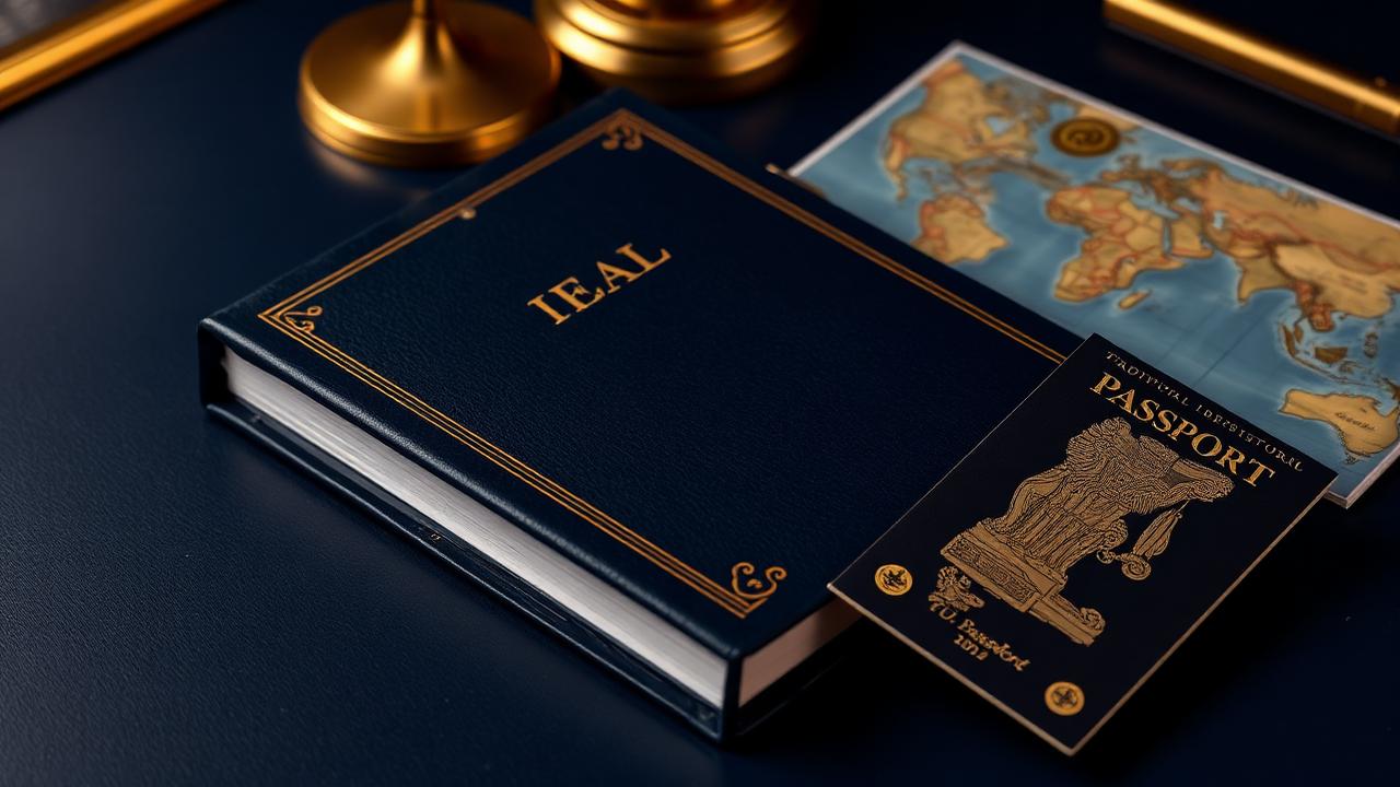 A bound navy legal folio with gold detailing beside an Indian passport and a world map on a dark desk, representing NRI legal services and cross-border representation