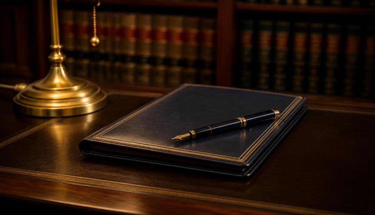 Navy leather document folio and fountain pen on a lawyer's desk — NRI legal services in India