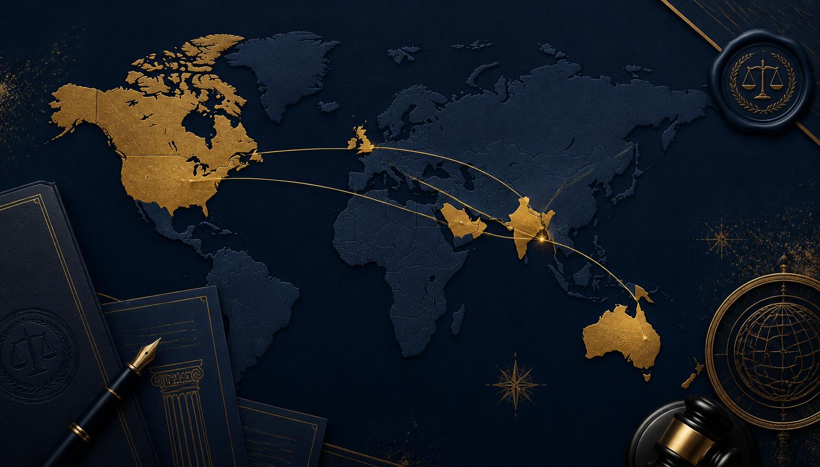 World map with the US, UK, Canada, Gulf and Australia highlighted alongside India, representing NRI legal services across countries.