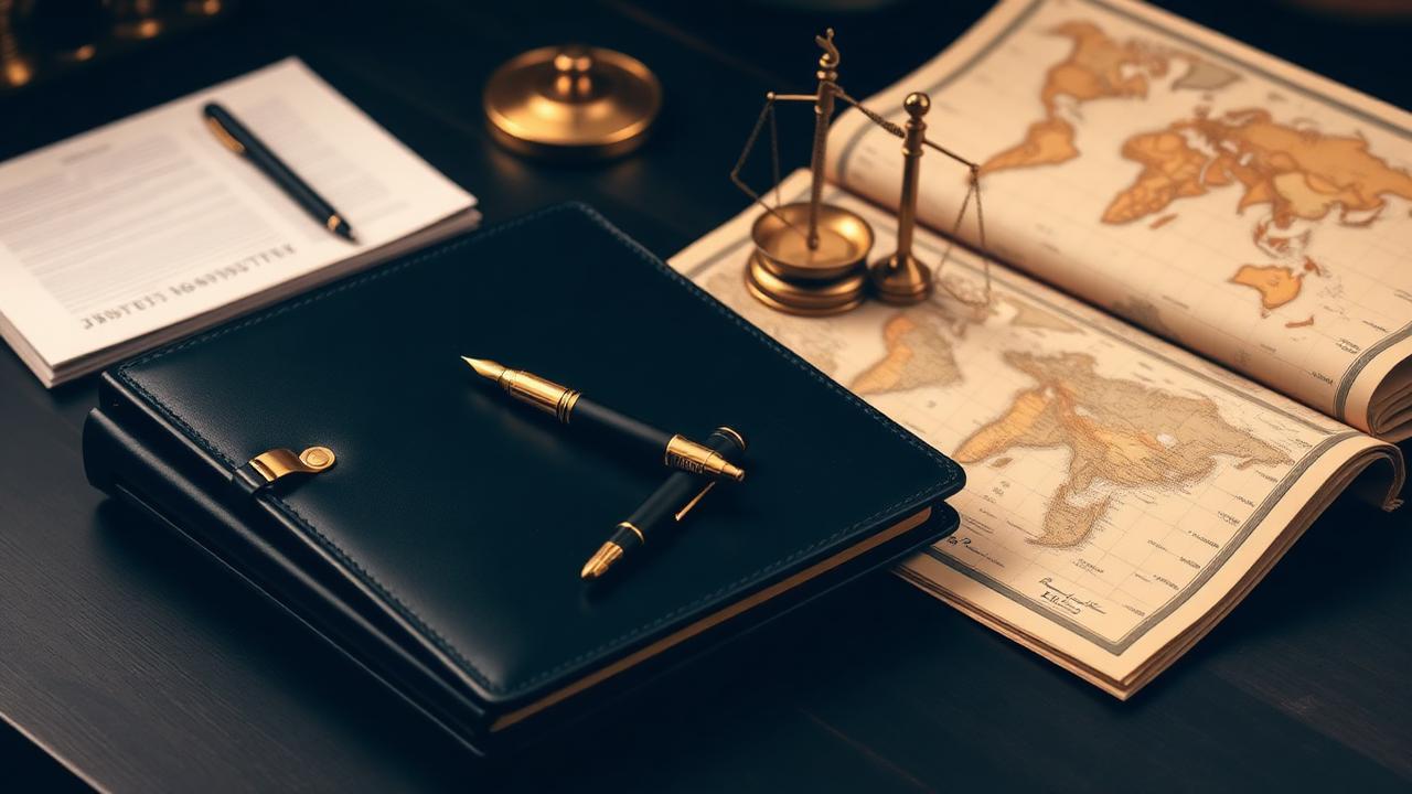 Leather folio, fountain pen, brass scales and a world map — NRI legal services in India