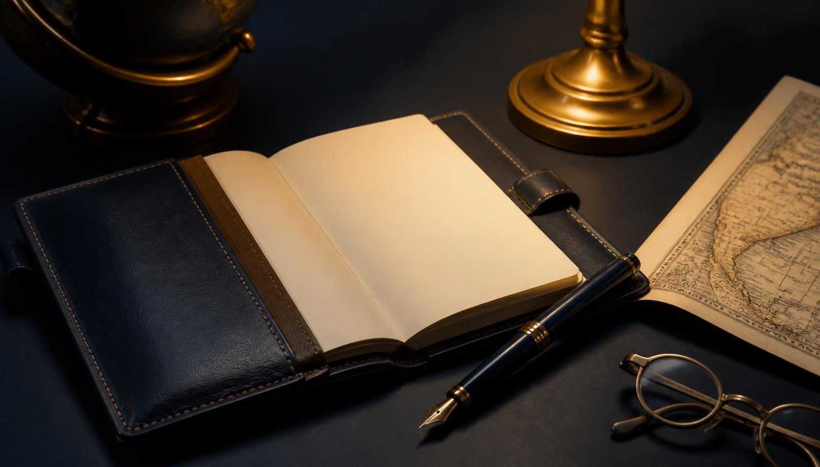 An open leather folio, fountain pen, brass globe and folded map on a navy desk — NRI legal services in India explained